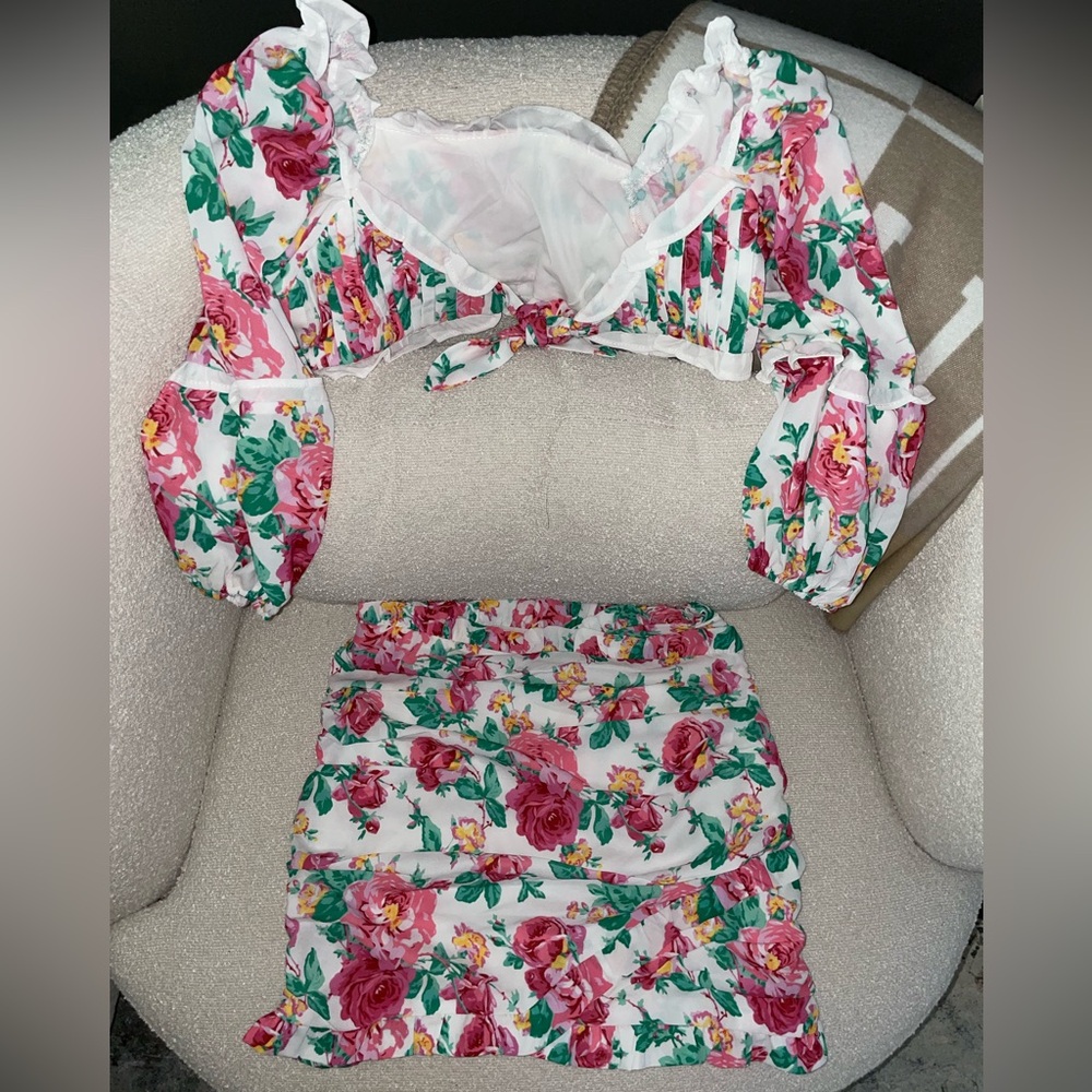 Pink Rose Floral Ruffle Skirt Set